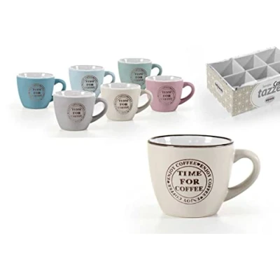 Immagine di Set 6 Tazzine Tazze Caffe&#039; in Ceramica Time For Coffee senza Piattini 90 ml