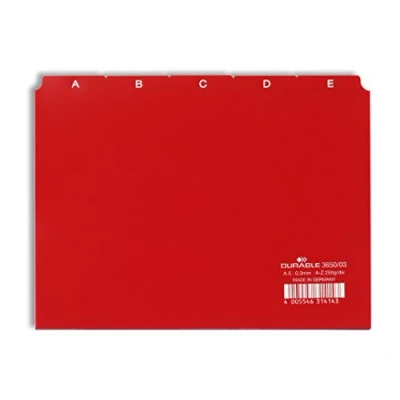Immagine di Durable 365003 Divisore alfabetico per schedario, f.to A5, con etichette prestampate (A Z), rosso, confezione da 25 pezzi