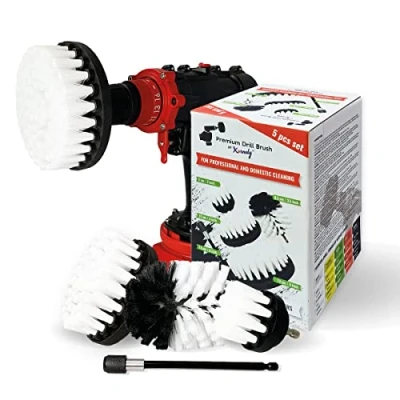 Immagine di Kornely™ Set di 5 spazzole per trapano alta qualità, extra morbide, bianche, lavasciuga professionali, non graffia le superfici, adatto tappeti, cuoio, tappezzeria, mobili, interni auto.