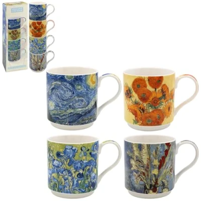 Immagine di Lesser &amp; Pavey Set di 4 tazze impilabili dal design britannico per tutte le cucine, cucine moderne con bei disegni (Van Gogh Stacking S4)