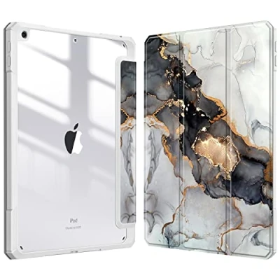 Immagine di FINTIE Custodia per iPad 10.2 Pollici 9a / 8a 7a Generazione (2021 2020 2019) [Built in Pencil Holder] Antiurto Sottile Case Posteriore Trasparente Cover con Auto Sveglia/Sonno, Cloudy Marble