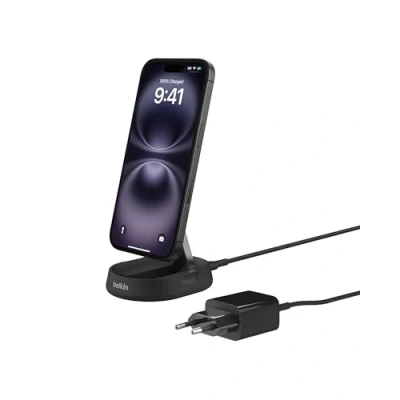 Immagine di Belkin BoostCharge Pro caricatore magnetico convertibile da 15 W, caricabatterie wireless rapido Qi2, compatibile con MagSafe, per iPhone 15, 14, 13, 12, AirPods, alimentatore 20 W incluso, Nero
