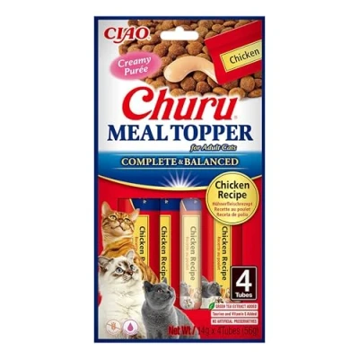Immagine di INABA Churu Meal Topper, Snack per Gatti Cremoso con Pollo 1 Pack (4 Stick x 14gr) Condimento Cibo Secco Gatto Senza Conservanti o Coloranti Artificiali, Grain Free