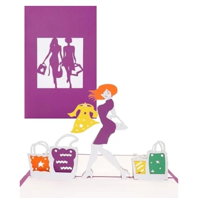 Immagine di biglietto pop up con scritta &quot;Shopping&quot; di auguri e compleanno come buono per la spesa regalo 3D