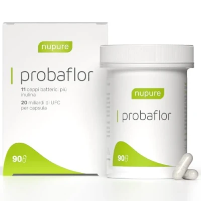 Immagine di Nupure® Fermenti Lattici Probiotici Probaflor 90 capsule, 20 Miliardi di UFC e 11 ceppi batterici speciali brevettato con Prebiotici Inulina, meglio protetti grazie allo speciale contenitore, vegan.