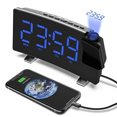 Immagine di VORRINC Sveglia con Proiettore Radiosveglia Digitale da Comodino, Multifunzionale Fm Radio 12/24H Display LED a 180, 3 Livelli di Luminosità, 2 Allarmi e Uscita USB Ricarica (Blu)