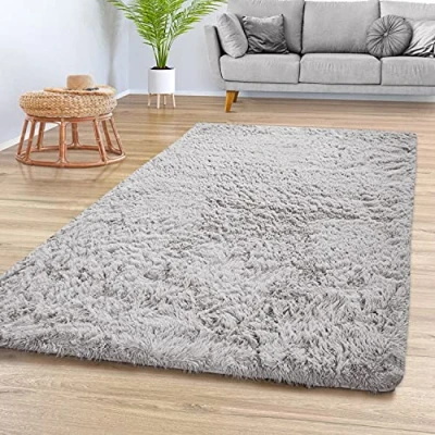 Immagine di TT Home Tappeto Salotto Pelo Lungo Shaggy Morbido Soffice Design Moderno Monocolore, Colore: Grigio Argento, Dimensione:140x200 cm