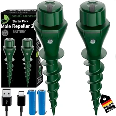 Immagine di EdenGardens® Confezione da 2 pezzi &#039;MOLE Repeller 2.0 Battery&#039; Distributore talpa miglior rimedio contro arvicole e talpe Spaventare (set di estensione senza caricatore)