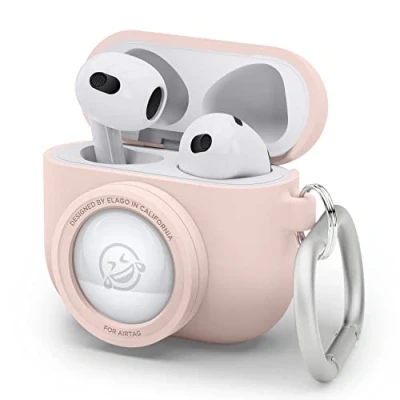 Immagine di elago Custodia Snapshot Compatibile con AirPods 3 e AirTag, Design Classico per Fotocamera, Portachiavi Incluso, Supporto Ricarica Wireless [Dispositivo di Localizzazione Non Incluso] (Sand Rosa)