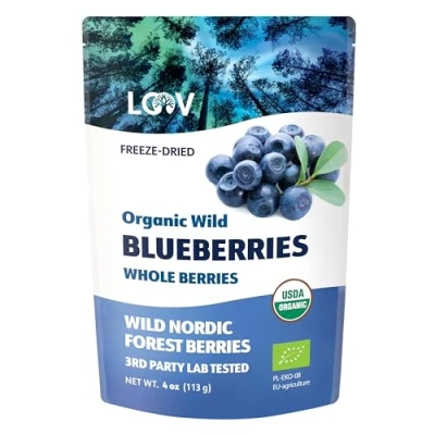 Immagine di LOOV mirtilli selvatici biologici, senza zuccheri od olii aggiunti, liofilizzati da foreste nordiche, 100% interi, non OGM, 113 g, bacche essiccate zuccherate