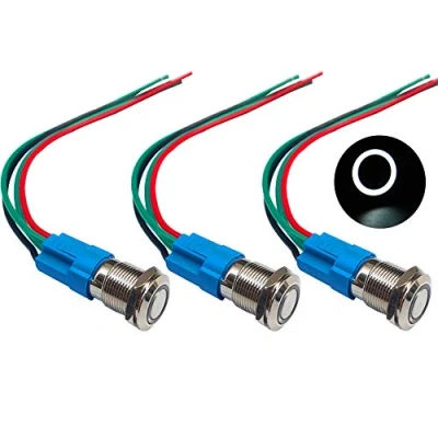 Immagine di QitinDasen 3Pcs Premium 12V / 24V 3A Interruttore a Pulsante Momentaneo, 12mm in Metallo con LED Bianca, Avviamento Auto Acciaio Inossidabile impermeabile