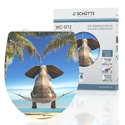 Immagine di Schütte 82580 Happy Elephant Sedile WC in Duroplast High Gloss, con abbassamento Automatico e Chiusura Rapida, Motivo Elefante