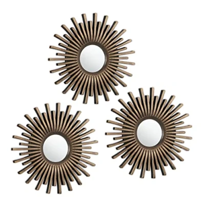 Immagine di Relaxdays Set da 3 Specchi a Forma di Sole, Parete, Rotondi e Quadrati, Cornice Decorativa in Plastica, Desing, Oro