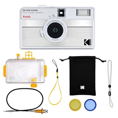 Immagine di KODAK EKTAR H35N Kit fotocamera a pellicola mezza cornice,riutilizzabile da 35mm,custodia impermeabile,rilascio cavo,filtri colorati,flash,viaggi(pellicola e batteria AAA non incluse)(Argento)
