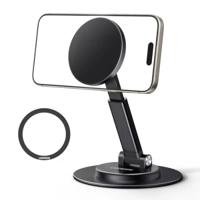 Immagine di UGREEN Supporto Magnetico per iPhone Tavolo, Porta Magnetica Scrivania Girevole e Pieghevole con 1 Anello di Metallo, Non Supporta Carica