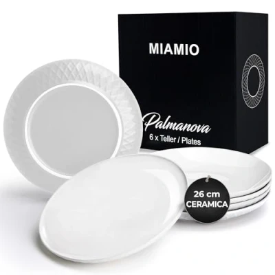 Immagine di MIAMIO Set di 6 piatti/Set piatti moderni in ceramica/gres Collezione Palmanova (26 cm, Blanco)