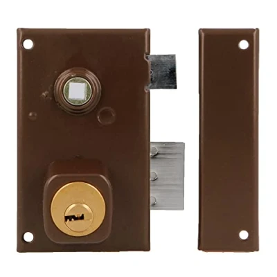 Immagine di Amig Serratura a Sovrapposizione Destra con Leva di chiusura, Linguetta e Quadretto per Porte in Legno Mod. 75N / 67 x 112 mm/cilindro rotondo sicurezza/acciaio marrone