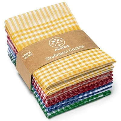 Immagine di Twinzee Strofinacci Cucina Cotone (Set da 5) Quadretti 100% 47 x 67 cm design retrò Asciuga Piatti e Mani Blu, Rosso, Verde, Arancione, Giallo
