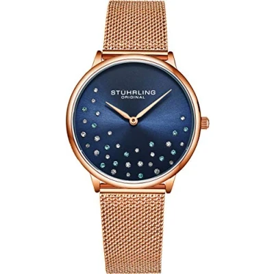 Immagine di Stuhrling Orologio da donna originale Krystal Analogico Quadrante, Bracciale in maglia acciaio inox 3928 per collezione (oro rosa/blu)