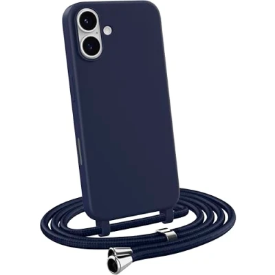 Immagine di MyGadget Cover con Cordino per iPhone 16 Plus Custodia Corda Case Opaca Antiurto Bumper Laccio Tracolla Practical Stylish Blu Scuro