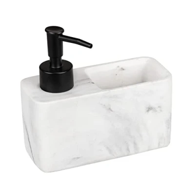 Immagine di Wenko Dosatore per Sapone Resa Marmo, Dispenser la Cucina Effetto Marmo con Pratico vano Porta Spugna, Spugna Inclusa, Ricaricabile, capacità ca. 150 ml, 14,5 x 14,3 6 cm, Bianco/Nero