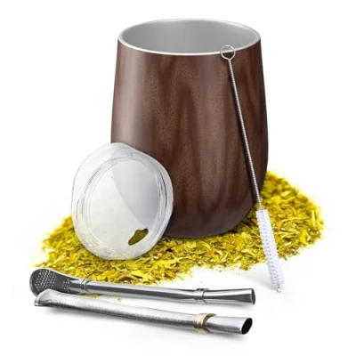 Immagine di Aquafloow Tazza Yerba Mate 350 ml + 2 Pezzi Cannucce in Acciaio, Argentino a Doppia Parete Coperchio senza BPA, Set da Tè Acciaio Inox per Yerba, Marrone