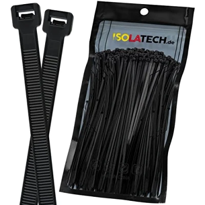 Immagine di ISOLATECH Fascette stringicavo nero, resistenti ai raggi UV, 300 pezzi, 250 mm x 4,8 mm, grandi e sottili, extra resistenti, richiudibili, in nylon di qualità industriale