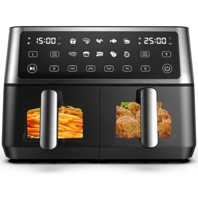 Immagine di Friggitrice ad aria calda 2 camere con finestra di visualizzazione, 10 l Dual Zone XXL, programmi preimpostati in 1, touchscreen, sincronizzazione intelligente e timer, risparmio energetico,