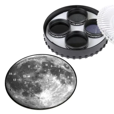 Immagine di Celestron 94315 Kit filtro lunare Compatibile con oculari per telescopio 3,2 cm, include filtri Moon &amp; Sky Glow, 3 x a densità naturale, astuccio mappa trasporto, della Luna, Nero