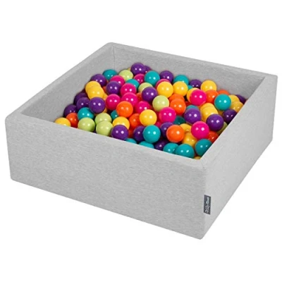 Immagine di KiddyMoon 90X30cm/200 Palline ∅ 7CM Quadrato Piscina di Colorate per Bambini Fabbricato in EU, Grigio Ch:Verdech/Giallo/Turch/Aranc/Rosasc/Violet
