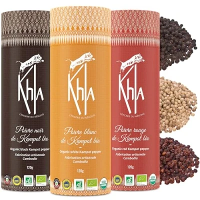 Immagine di Khla Confezione Pepe di Kampot 3 x 120g Nero, Rosso e Bianco Biologico Peperoni Regalo Direttamente dal Produttore Spezia Ingrediente da Cucina Origine Cambogia