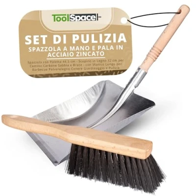 Immagine di ToolSpace Set 2 Pezzi Paletta e Spazzola a Mano Setole Naturale Kit di Pulizia Portatile Maniglie in Legno Acciaio Inox Pala da Carbone per Caminetto Scopa Campeggio