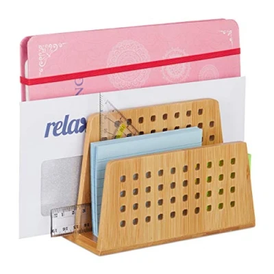 Immagine di Relaxdays Portalettere in Bambù, 2 Scomparti Perforati, Pratico Portadocumenti, Lettere dal Formato A5, legno naturale