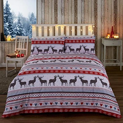 Immagine di Rapport Set copripiumino natalizio con renna scandinava, in policotone, per letto king size, colore: rosso