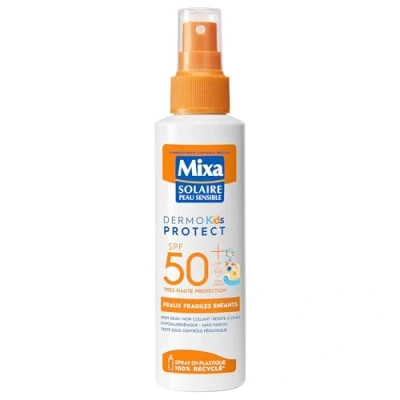 Immagine di Mixa Spray solare per pelle sensibile, protezione SPF50+ UVA, UVA lunghi, UVB, pelli fragili bambini, resistente all&#039;acqua, anti sabbia, ipoallergenico, senza profumo, 150 ml