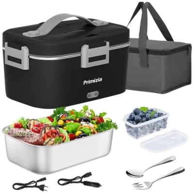 Immagine di Primizia Scaldavivande Elettrico Portatile con Borsa Termica 1.8L (75W/12V/24V/220V), Lunch Box Portavivande Termico Elettronico in Acciaio Inox, Porta Pranzo da Ufficio e Auto, Nero