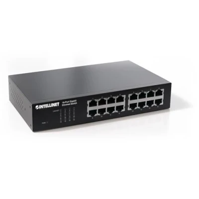Immagine di intellinet 16 Port Gigabit Ethernet Switch RJ45 10/100/1000 Mbps IEEE 802.3az Energy Efficient Desktop 19 Rackmount (Euro 2 Pin Plug)