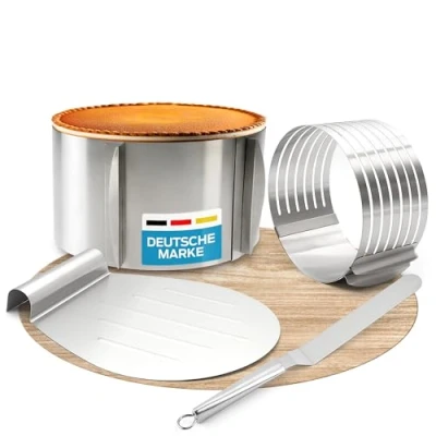 Immagine di Smart Planet Set di anelli per torte in acciaio inox, 3 pezzi, telaio regolabile 23 30 cm Stampo dolci, coltello da pasticceria, anello alto