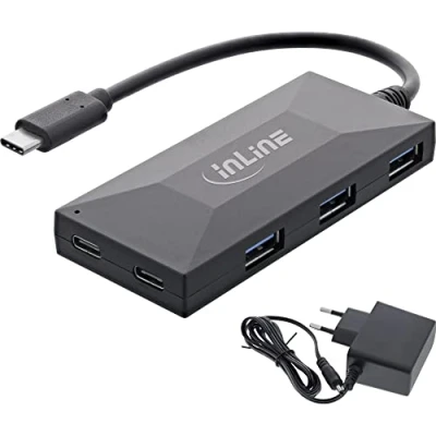 Immagine di InLine® Hub USB 3.2 Gen 1 OTG, tipo C A 3 porte e 2 di C, con alimentatore 3A, nero