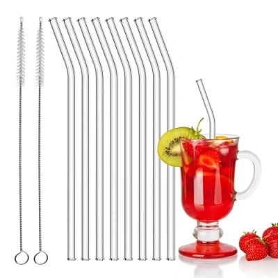 Immagine di cannucce in vetro riutilizzabili, 8 da 20 cm, curve, cocktail, trasparente, con 2 spazzole per la pulizia frullati e succhi di frutta