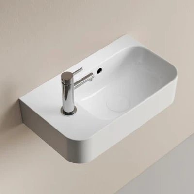 Immagine di EMKE Lavabo sospeso 450 x 265 155 mm compatto ed elegante per piccoli bagni e wc ospiti rubinetto a sinistra, installazione parete, bianco lucido