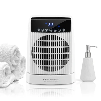Immagine di Ufesa Persei Riscaldatore digitale da 2000 W, IP21, per bagno, 3 livelli di potenza termica/freddo, base oscillante, termostato regolabile, timer 24 ore, display LED, protezione surriscaldamento