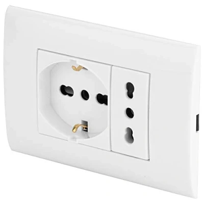 Immagine di POLY POOL PP6094X Placca Evolution Scatola 3 Moduli con Frutto Presa Bivalente e Pluristandard Kit Incasso Supporto Viti di Montaggio