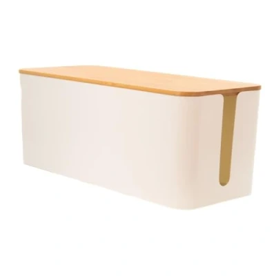 Immagine di Intirilife Scatola porta cavi con coperchio in bambù Bianco 32 x 12.5 13.5 cm Box per gestione cavi, organizer nascondere e ciabatte