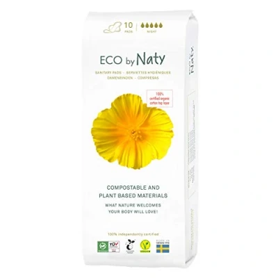 Immagine di Eco by Naty assorbenti NOTTE igienici a base vegetale e per donne, prodotti mestruali in cotone biologico, migliori la salute femminile (10 unità)