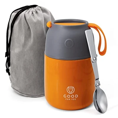 Immagine di Thermos per alimenti, in acciaio inox, 530 ml, pasti caldi e freddi, isolamento a doppia parete, contenitore termico scuola, ufficio, viaggi, campeggio, cucchiaio pieghevole