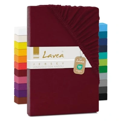 Immagine di Lavea, lenzuolo in jersey con angoli, serie Maya, 100% Cotone, lavorazione di alta qualità, elastico, certificazione Oeko Tex 100, bordeaux, 120 x 200 cm