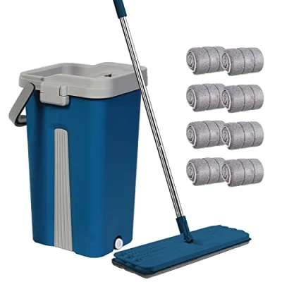 Immagine di Set mocio e secchio, piatto in microfibra per umido asciutto, con manico acciaio inox, secchio a doppia camera, adatto tutti i pavimenti (blu)