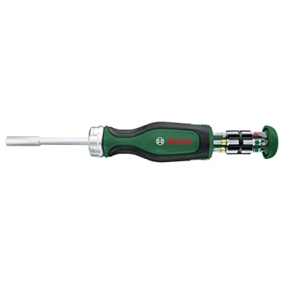 Immagine di Bosch Home and Garden Cacciavite a Cricchetto con 12 Bit, Coppia Elevata per Avvitatura Efficiente, Gravosa, Caricatore Bit Pop Up, in Dotazione, Portabit Magnetico