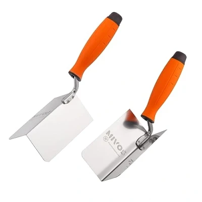 Immagine di Mivos 2x Spatola Angolare Antiruggine 120 x 60 mm Cazzuola Interna ed Esterna in Acciaio Inox per Bordi Interni Esterni con Impugnatura Morbida Spatole Angolari